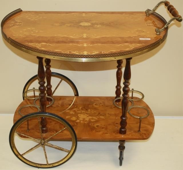 Appraisal: MID-CENTURY MARQUETRY INLAID ITALIAN BAR CART TWO DROP LEAVES PIERCED