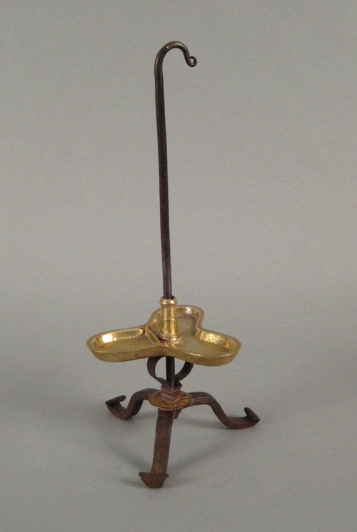 Appraisal: Wrought iron and brass tabletop fat lamp th c with