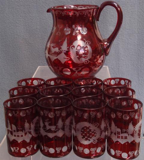 Appraisal: pc etched ruby flashed Bohemian water set pitcher h ground