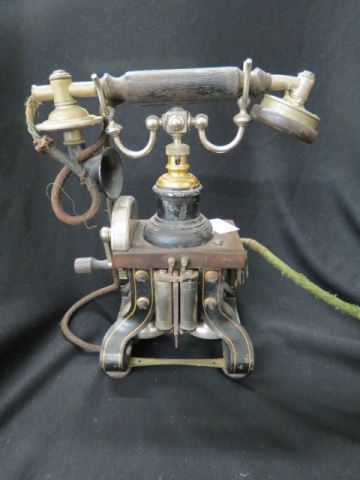 Appraisal: Early Fancy Metal Crank Telephone table top model bells below