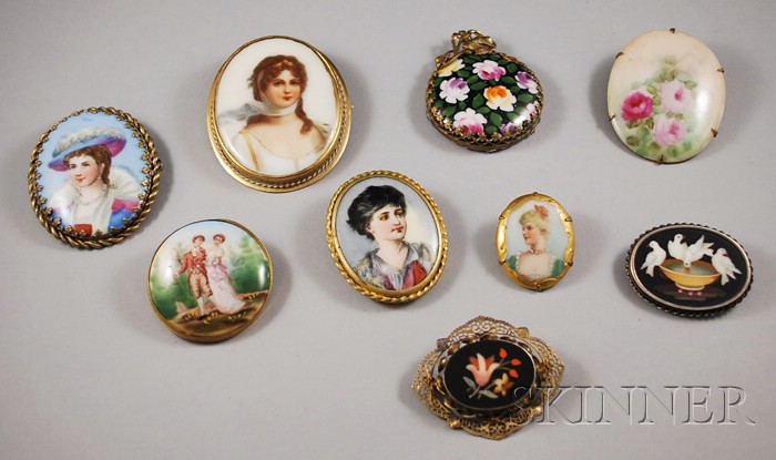 Appraisal: Small Group of Painted Porcelain and Pietra Dura Brooches