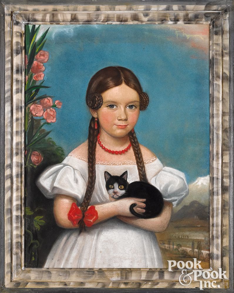 Appraisal: Pastel portrait of a young girl with cat th c