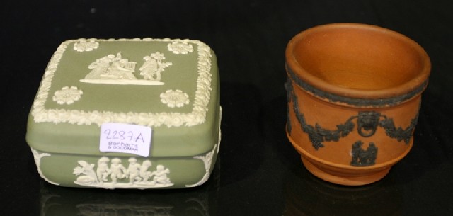 Appraisal: A Wedgwood olive green Jasperware jewellery box together with a