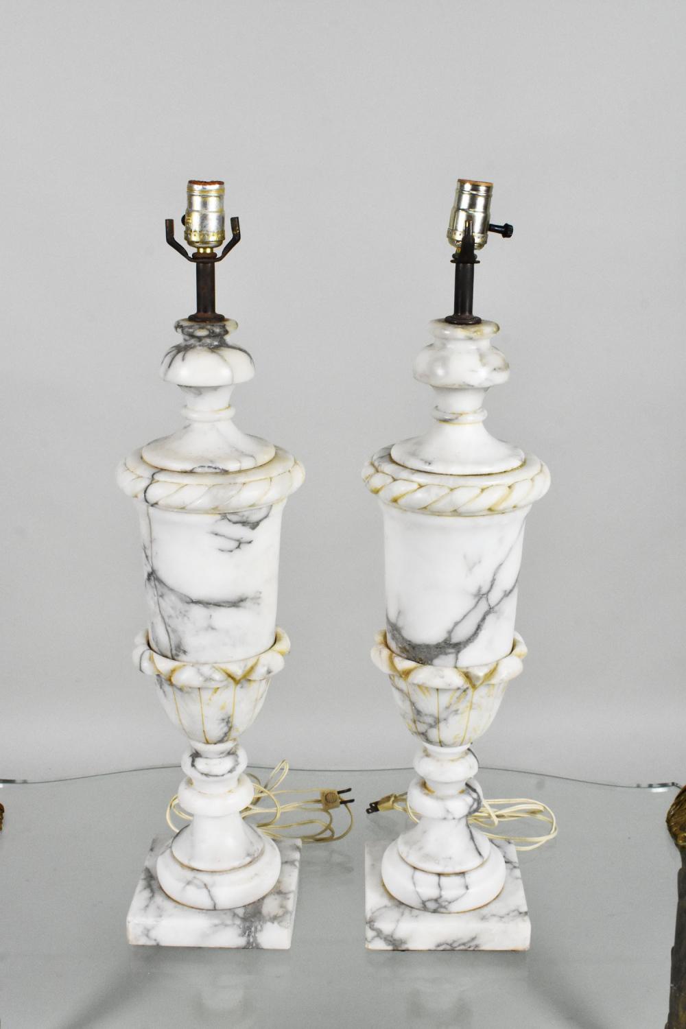 Appraisal: PAIR OF CARVED MARBLE URNS MTD AS LAMPS Each with