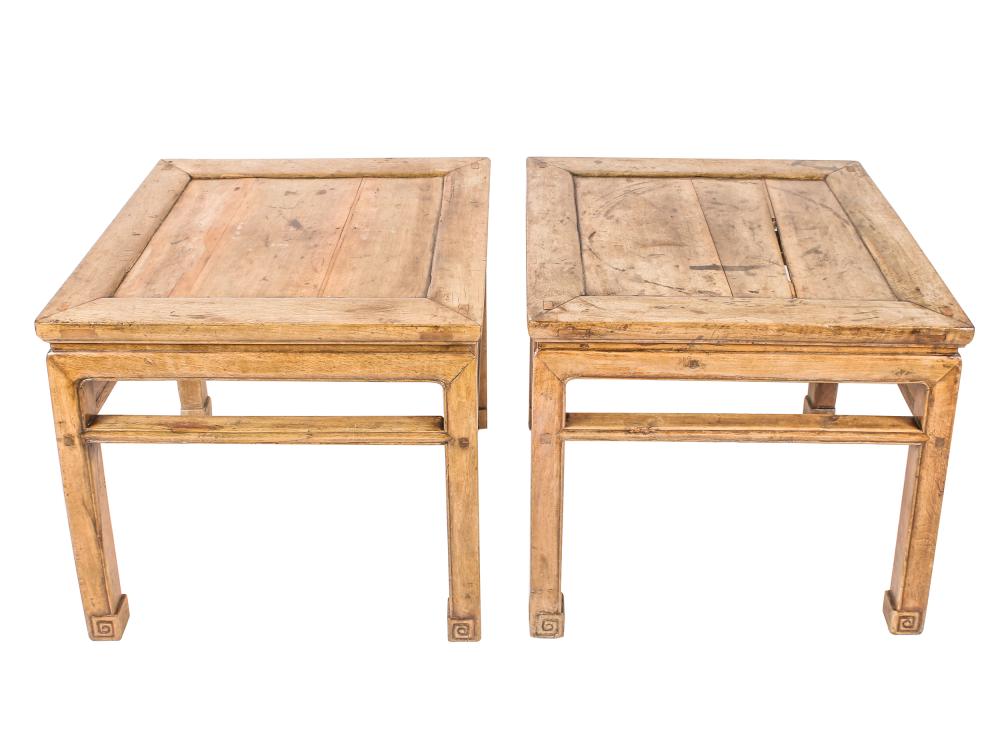 Appraisal: PAIR OF CHINESE HARDWOOD END TABLESwith inset panel tops and