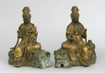 Appraisal: A Pair of Gilt Bronze Figurines of Guanyin ca th