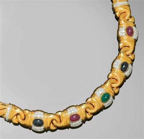 Appraisal: GOLD GEMSTONE AND BRILLIANT-CUT DIAMOND NECKLACE Yellow gold g Casual-elegant