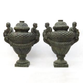 Appraisal: Pair Large Figural Terracotta Garden Urns Pair Large Figural Terracotta