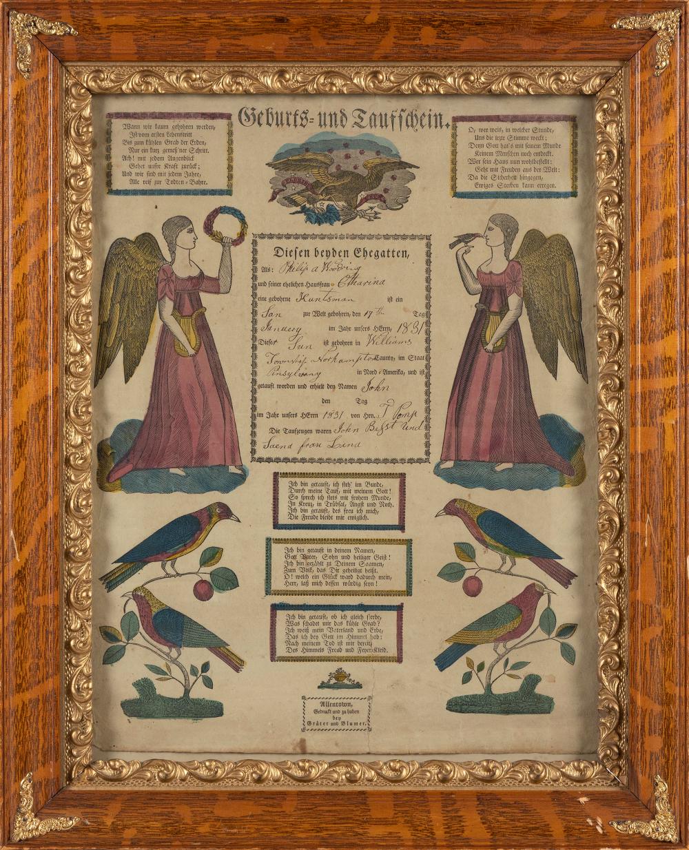 Appraisal: PENNSYLVANIA-DUTCH FRAKTUR DATED HAND-COLORED LITHOGRAPH X FRAMED X PENNSYLVANIA-DUTCH FRAKTUR