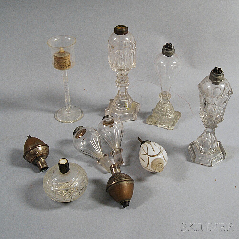 Appraisal: Ten Mostly Glass Whale Oil Lamps and Pieces ht to