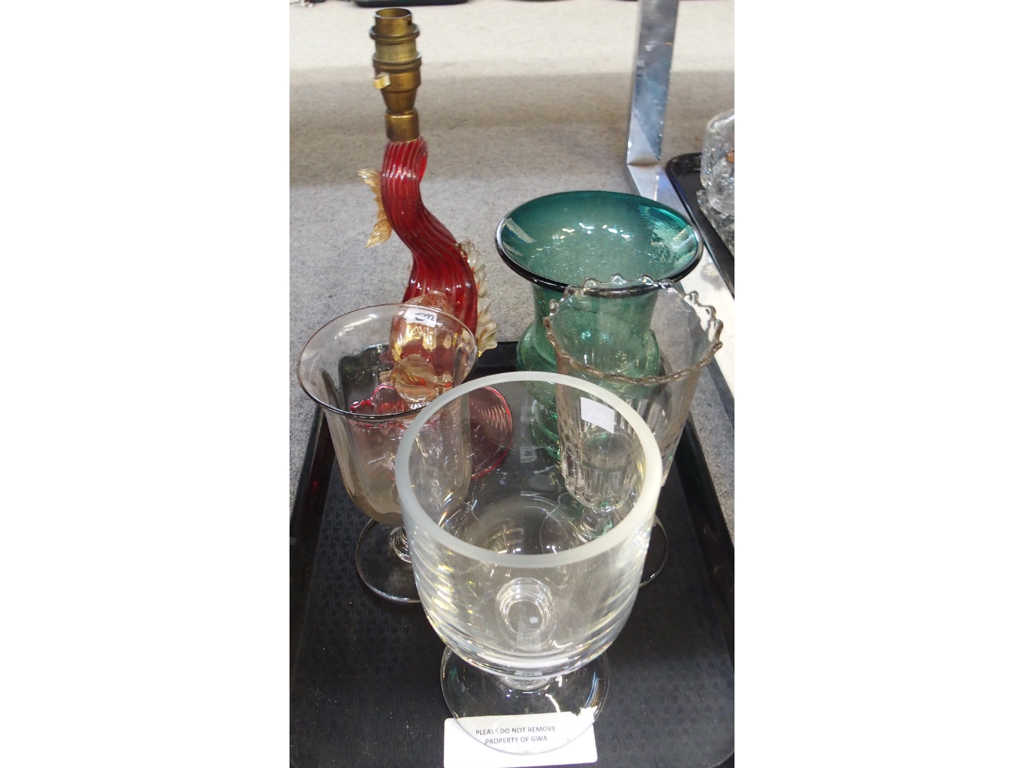 Appraisal: Three glass footed vessels and green crackled glass vase and