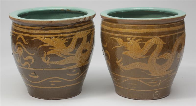 Appraisal: Two Similar Chinese Brown Glazed Terracotta Planters x in diam