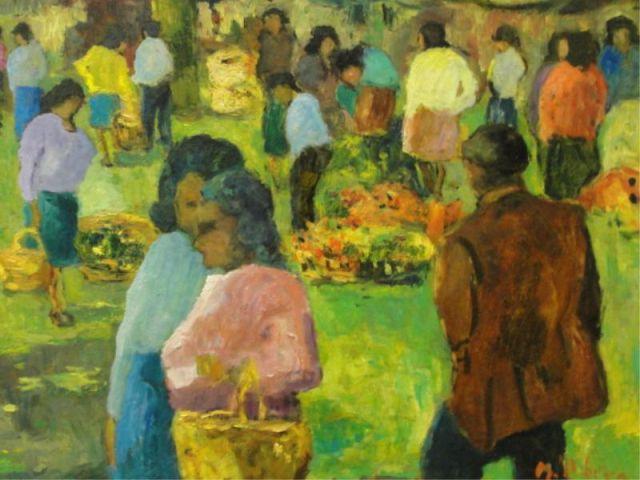 Appraisal: UBERA M Oil on Board of a Crowded Market Scene