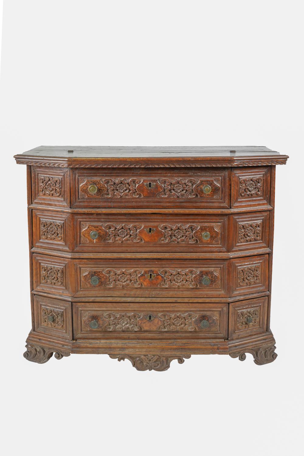 Appraisal: ITALIAN BAROQUE CARVED WALNUT CHEST OF DRAWERSwith a hinged lifting