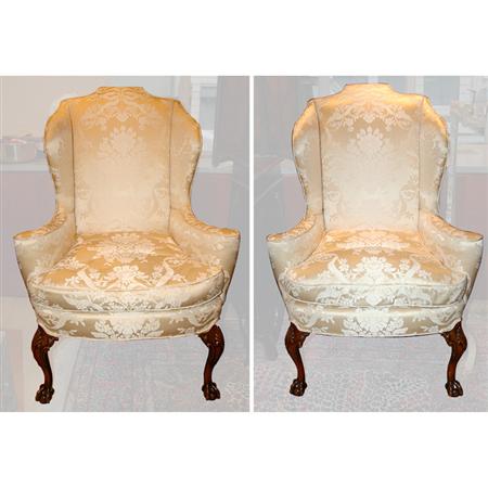 Appraisal: Pair of Queen Anne Style Beige Silk Upholstered Wing Chairs