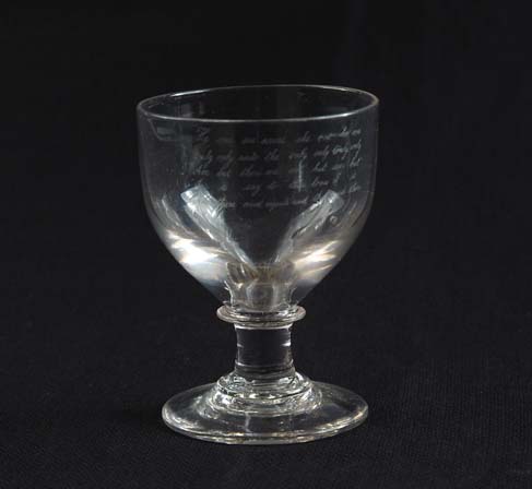 Appraisal: BLOWN VESSEL WITH ENGRAVED VERSE Unusual clear blown drinking vessel