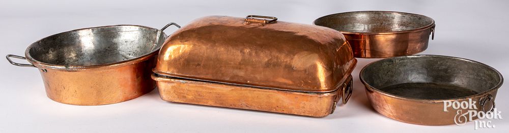 Appraisal: Three copper pans and a warming dish Three copper pans