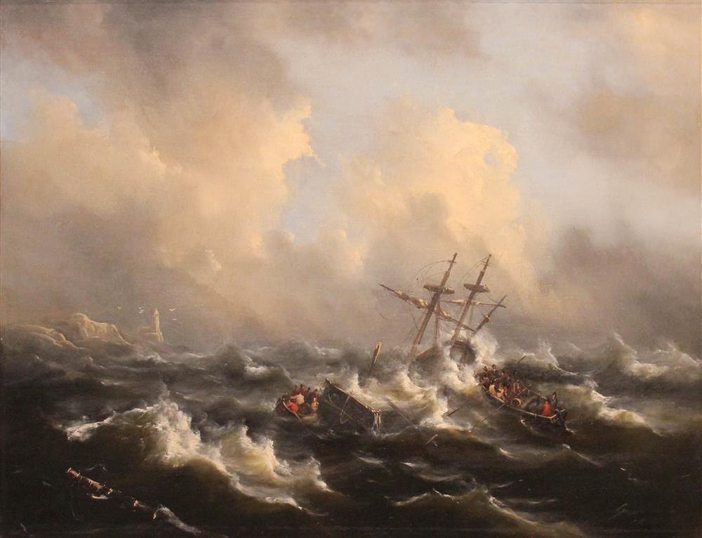 Appraisal: BRITISH SCHOOL TH CENTURY SHIP IN HEAVY SEAS Oil on