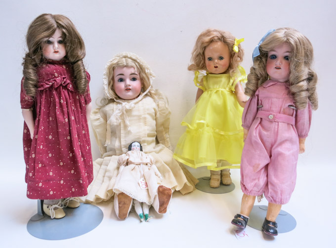 Appraisal: COLLECTION OF FIVE DOLLS Kestner bisque shoulder head doll with