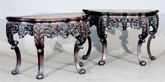 Appraisal: Pair Chinese Export carved rosewood and marble console tables circa