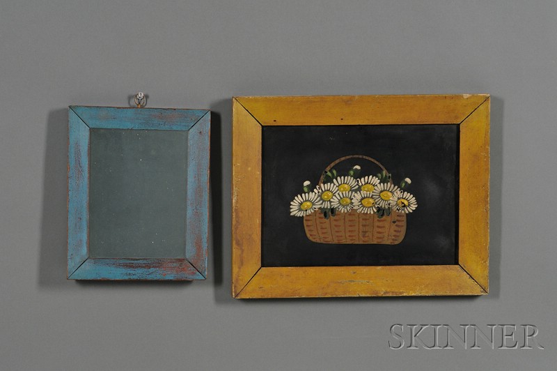 Appraisal: Blue-painted Mirror Frame and a Painted Tin Basket of Flowers