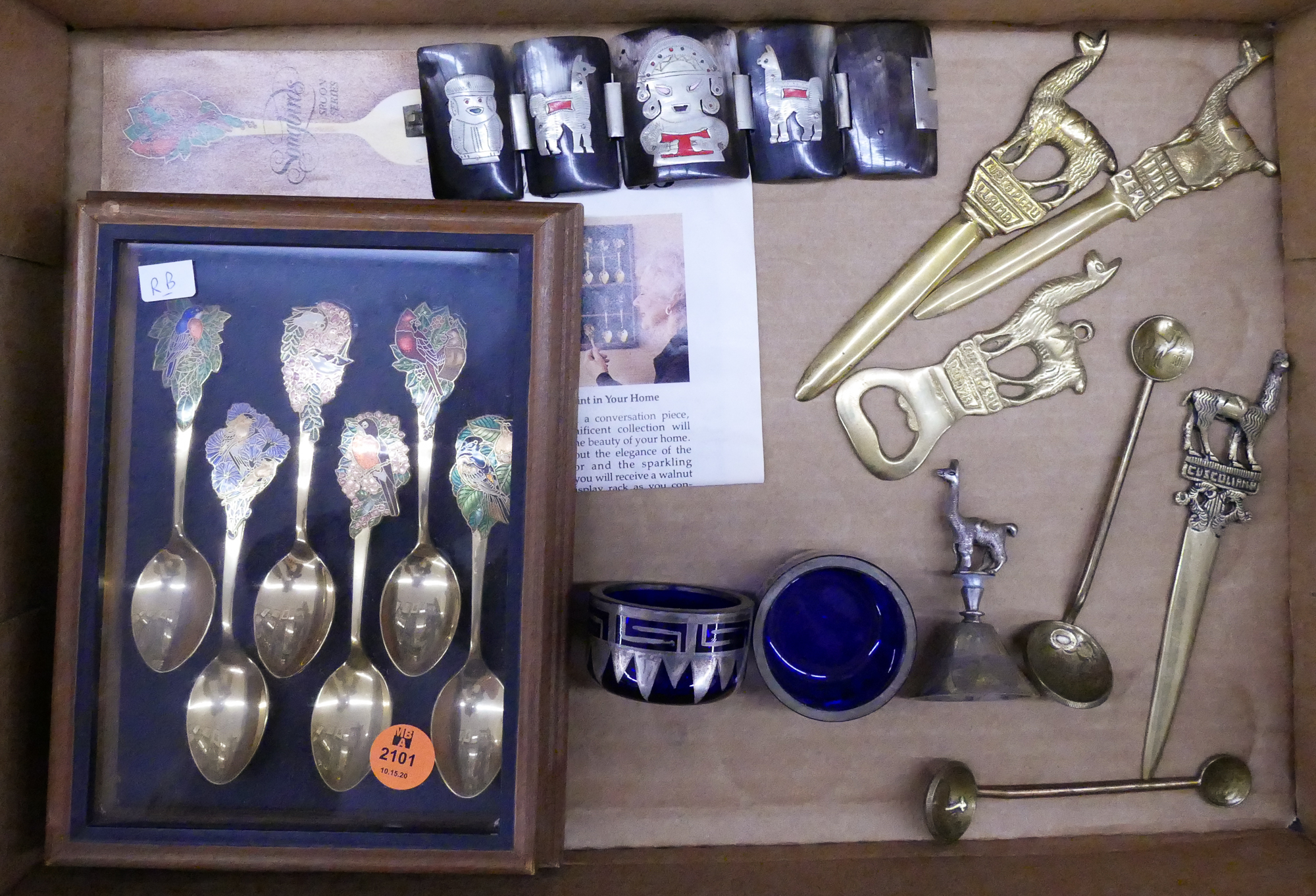 Appraisal: Box Enamel Bird Spoons Peruvian Souvenirs Etc