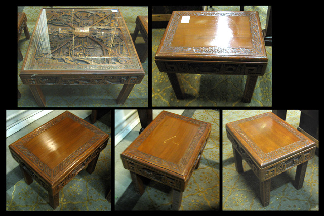 Appraisal: FIVE-PIECE CARVED TEAKWOOD CHOW TABLE STOOL SET Chinese th century