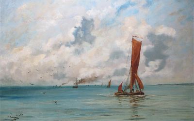 Appraisal: Adolphe Ragon d Boats in a calm Signed Oil on