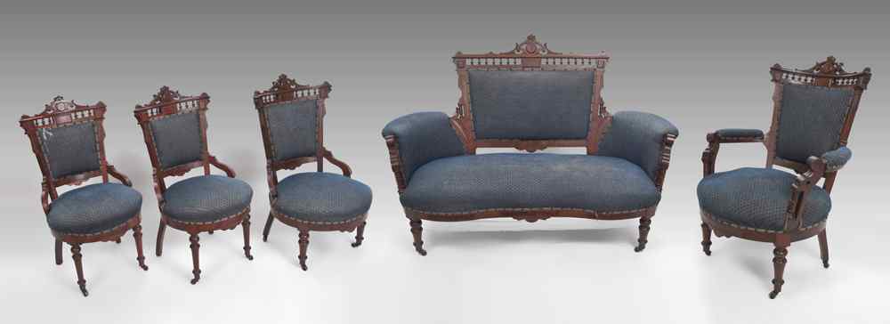 Appraisal: PIECE VICTORIAN PARLOR SUITE Each piece with carved crest openwork