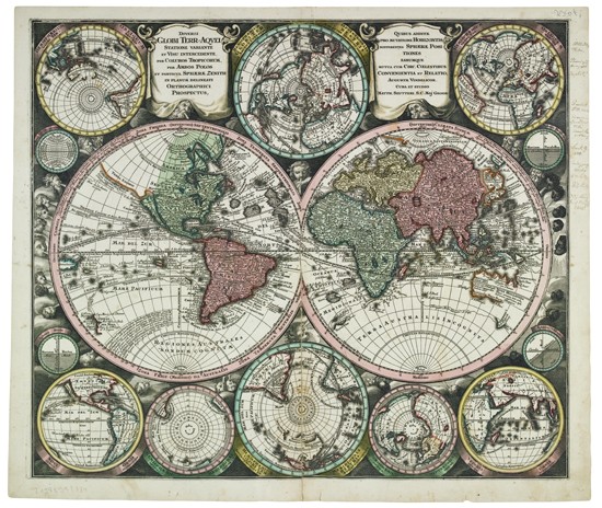 Appraisal: SEUTTER MATTHAEUS Diversi Globi Terr-Aquei Double-page engraved double-hemispheric map with