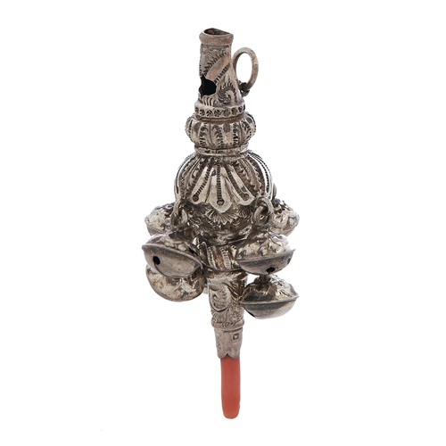 Appraisal: A Victorian silver baby's rattle with seven bells and coral