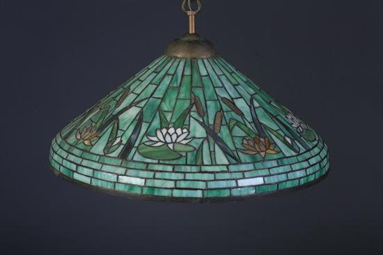 Appraisal: TIFFANY STYLE GREEN SLAG GLASS HANGING LAMP SHADE th century