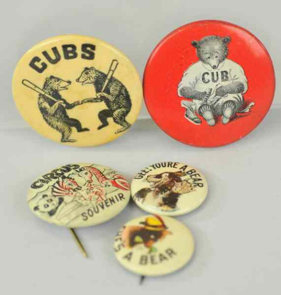 Appraisal: GROUPING OF BEAR PIN-BACKS Lot includes two Cubs pins circus