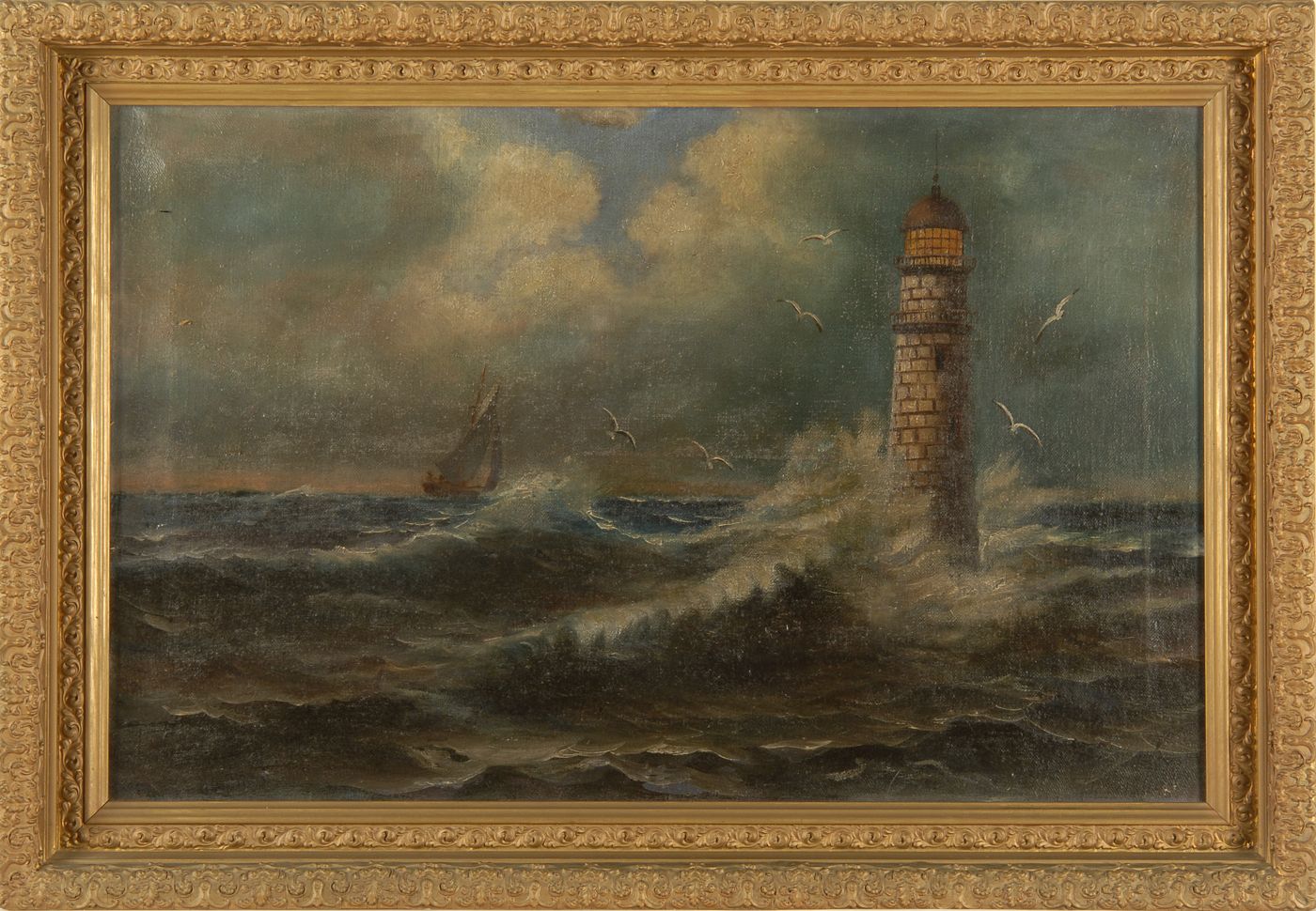 Appraisal: FRAMED PAINTING th CenturyA boat off a lighthouse Unsigned Oil