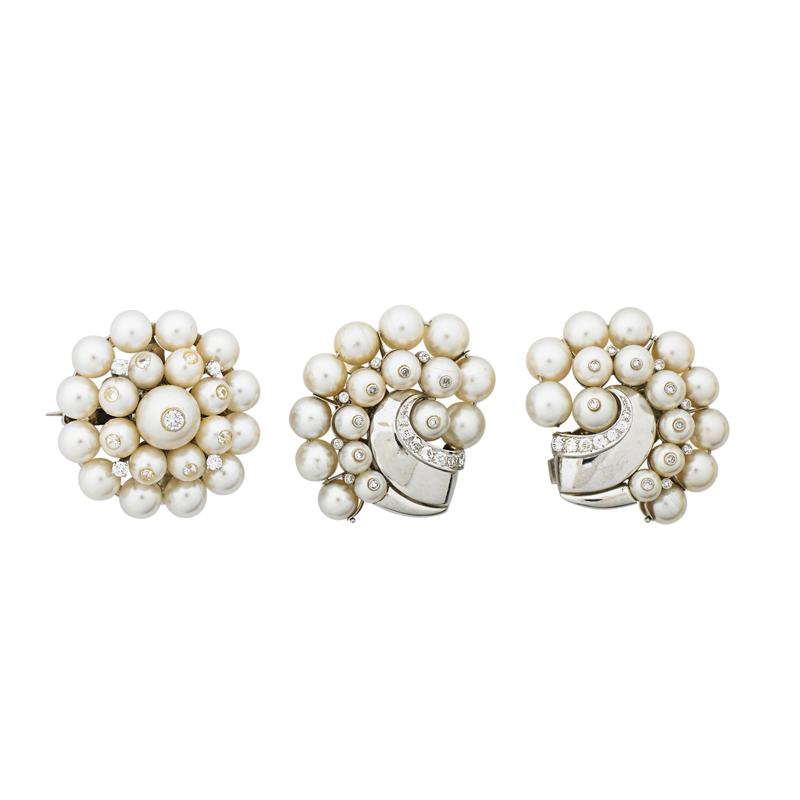 Appraisal: RETRO PEARL AND DIAMOND WHITE GOLD SUITE Pair of clip