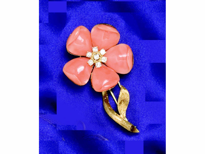 Appraisal: CORAL AND DIAMOND BROOCH k yellow gold brooch dress clip