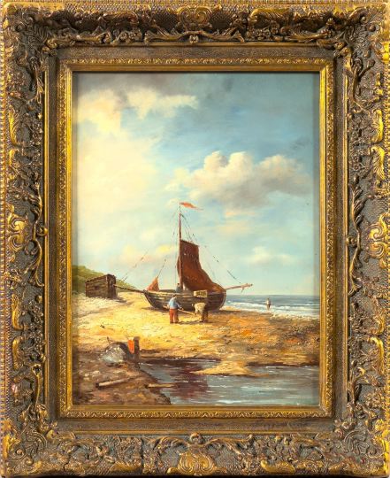 Appraisal: Continental School th Century Coastal View with Fisherman and Moored