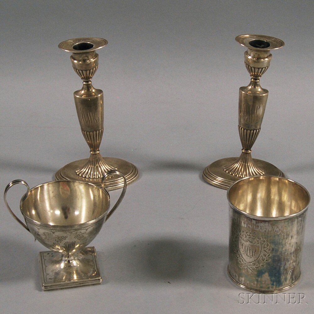 Appraisal: Four Sterling Silver Articles a pair of Whiting stop-fluted candlesticks