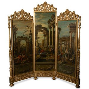 Appraisal: A Continental Three-Panel Painted Canvas Floor Screen TH CENTURY depicting