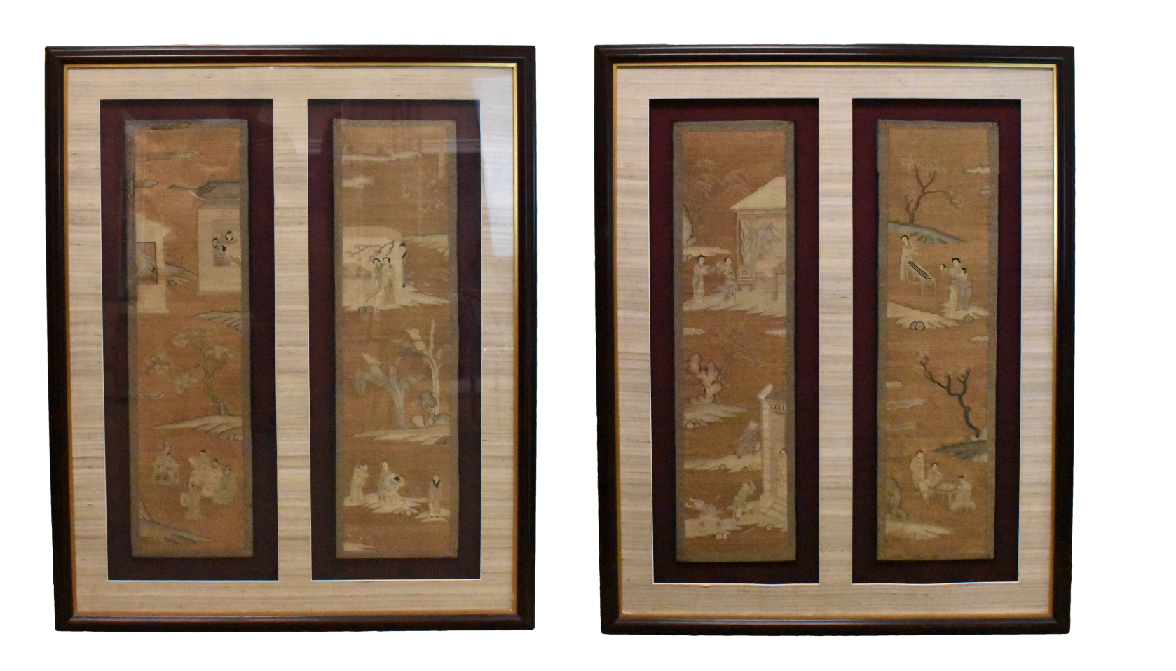 Appraisal: A set of four panels of silk Kesi with figures