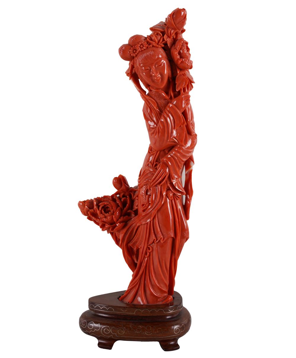 Appraisal: CARVED CORAL FIGUREaffixed to metal-inlaid wood base grams total including