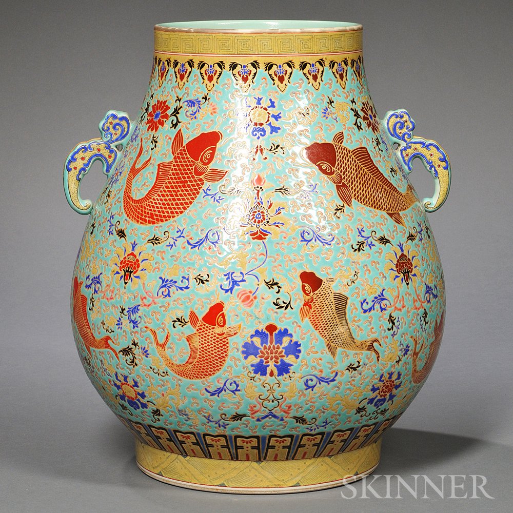 Appraisal: Large Enameled Hu Vase China decorated with large goldfish surrounded