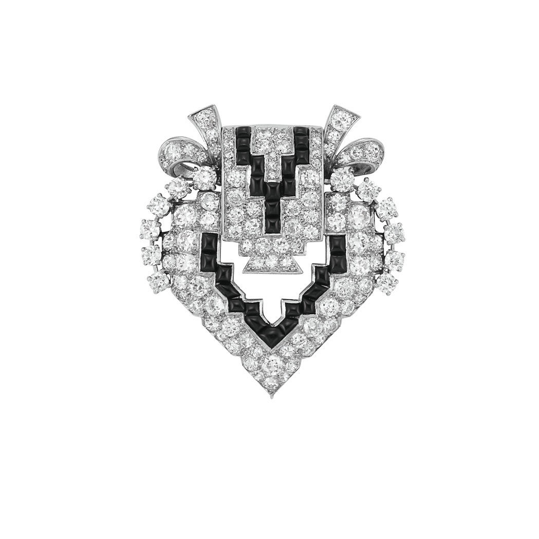 Appraisal: Art Deco Platinum Diamond and Black Onyx Clip The pierced