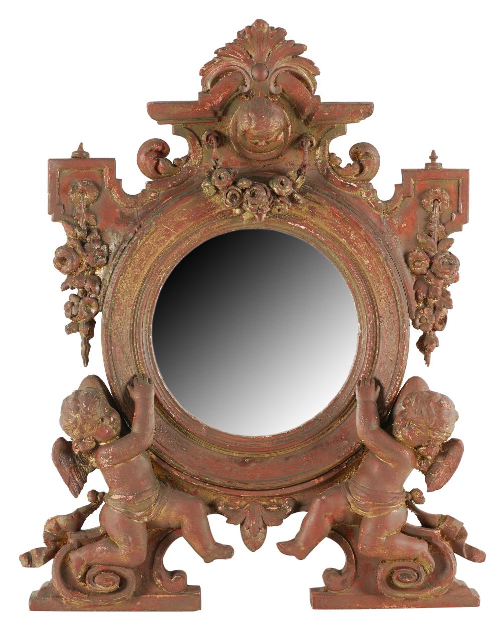 Appraisal: ITALIAN GILT PAINTED WALL MIRRORcarved with two cherubs supporting the