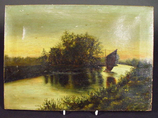 Appraisal: Oil onto canvas of a sailing barge on a river