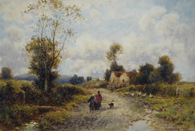 Appraisal: WILLIAM MANNERS Figures and Dog on a Country Lane Cottages