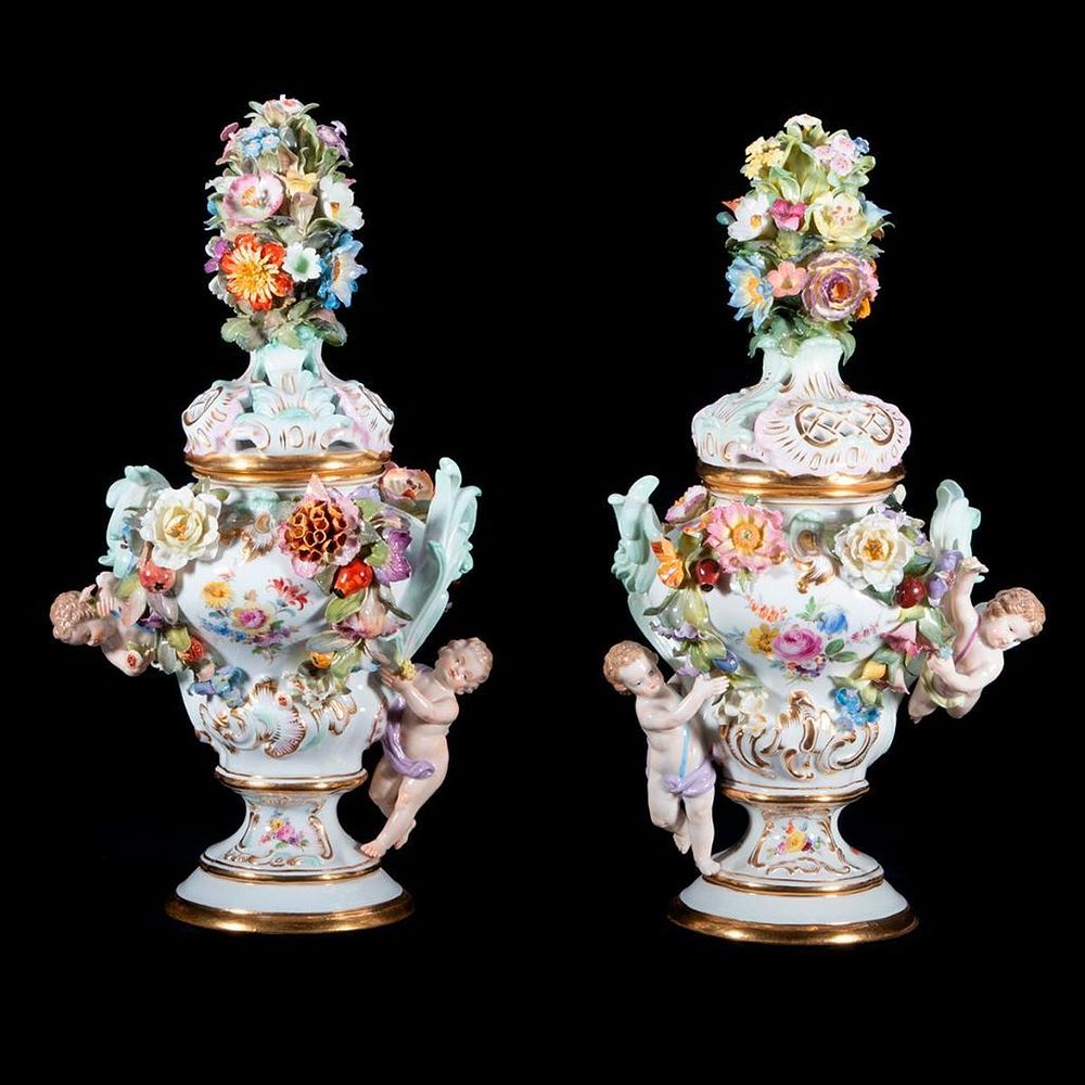 Appraisal: Pair of Meissen Covered Urns Meissen Pair of Covered Potpourri