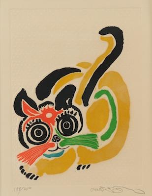 Appraisal: Motoi Oi Japanese b White Spot Cat Intaglio etching in