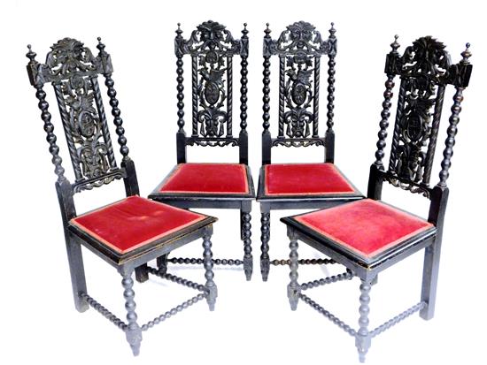 Appraisal: Four Baroque style hall chairs c black finish each with