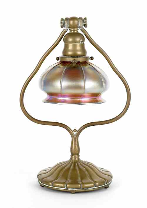 Appraisal: Tiffany Studios bronze harp table lamp with a Steuben gold